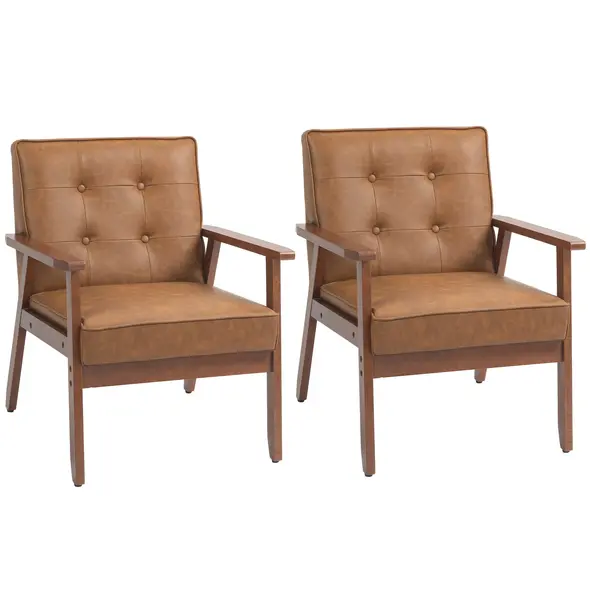 HOMCOM 2 Pack Retro-Style Accent Chair, with Faux Leather Seat - Brown - 1