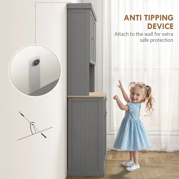 HOMCOM 180cm Freestanding Kitchen Cabinet, Modern Storage Cupboard with Open Countertop, Drawer and 6 Doors, Grey - 7