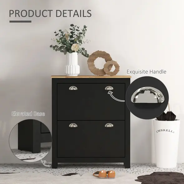 HOMCOM 2 Drawer Shoe Cabinet Modern Narrow Shoe Cupboard Hallway Wooden Storage Organiser with Flip Doors Adjustable Shelf for 6-12 Pairs, Black - 6