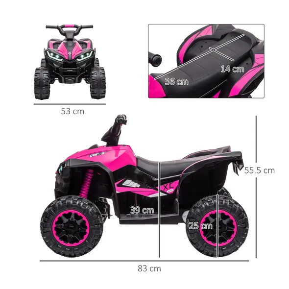 HOMCOM 12V Ride-On Quad Bike w/ Music, Horn, for Ages 3-5 Years - Pink - 3