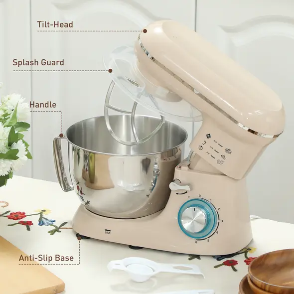 HOMCOM 1300W Kitchen Stand Mixer, with Accessories - Beige - 9