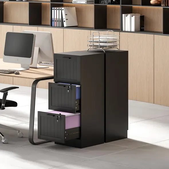 HOMCOM 3 Drawer Filing Cabinet with Lock, Office Storage Cabinet with Adjustable Hanging Bars for A4 Letter Size Files, Black - 9