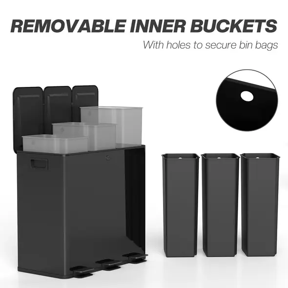 HOMCOM 3 x 20L Pedal Bin, Steel Triple Kitchen Bin with Soft Close Lid, Removable Inner Buckets, Fingerprint-Proof, Black - 7