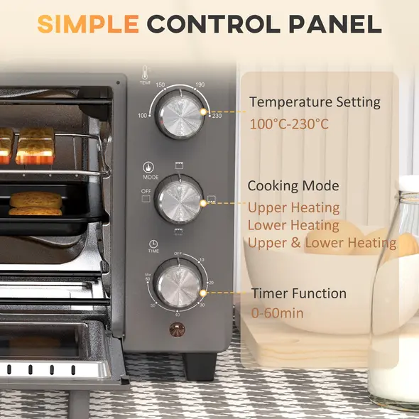 HOMCOM 21L Mini Countertop Oven, 100°C-230°C Adjustable Temp - Grey - 7