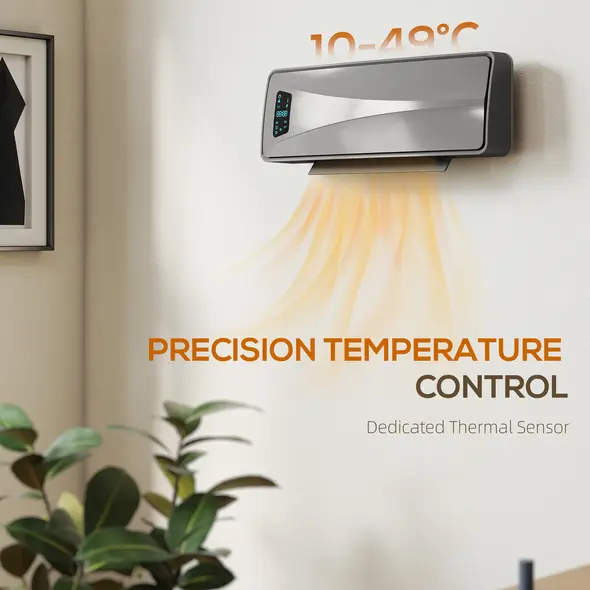 HOMCOM 2000W Ceramic Electric Heater with Fan, Adjustable Thermostat, Wall Mounted - Grey - 7