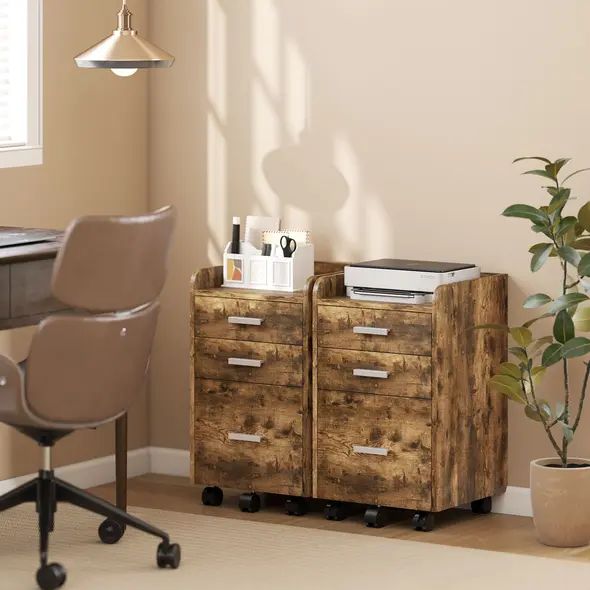 HOMCOM 3 Drawer Filing Cabinet, Rolling File Cabinet with Edged Top for Letter, A4 Size, Hanging File Folders, Rustic Brown - 8