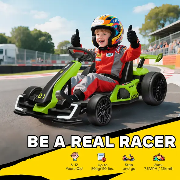 HOMCOM 24V Electric Go Kart for Kids with Adjustable Seat for 6-12 Years, Green - 4