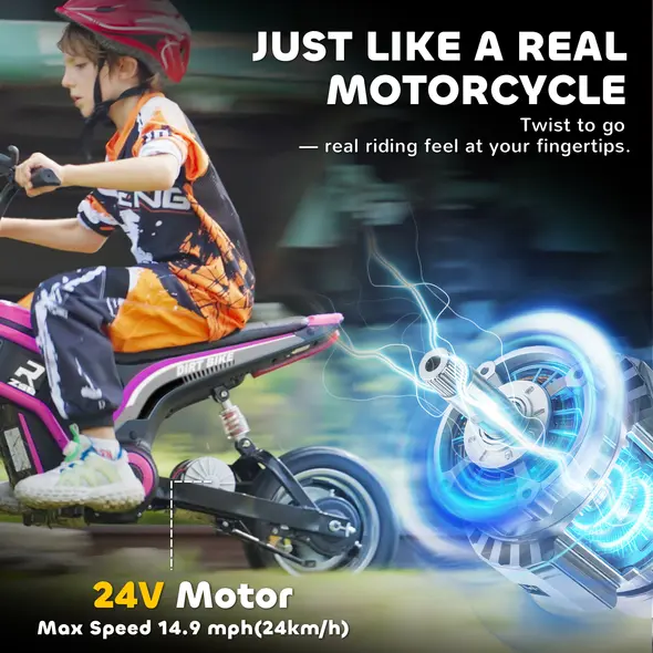 HOMCOM 24V Electric Motorbike with Twist Grip Throttle, Music, Horn, 12" Pneumatic Tyres, 16km/h Max Speed - Pink - 5