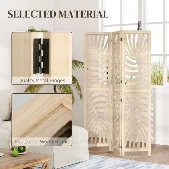 HOMCOM 3 Panel Room Divider, Detachable Folding Privacy Screens with Palm Leaf Design for Home Office, Natural Wood Finish - 7