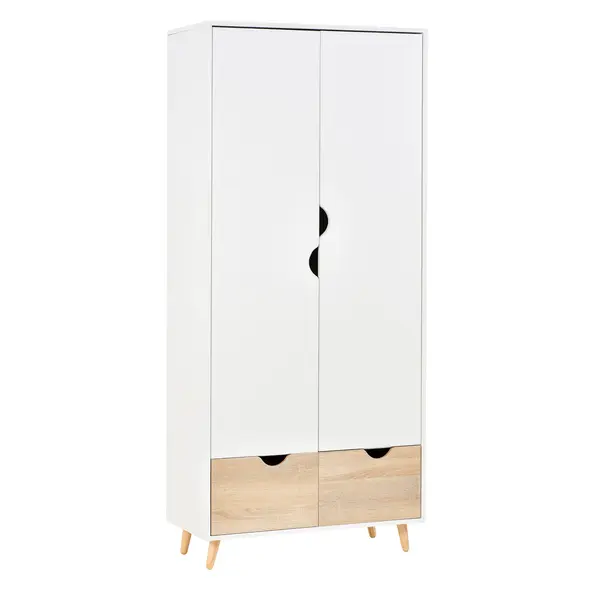 HOMCOM 2-Door Clothes Wardrobe w/ Rail Shelf 2 Drawers Wood Feet Elegant Home Storage Organisation Furniture Dresses Coats Blankets Shoes White - 1