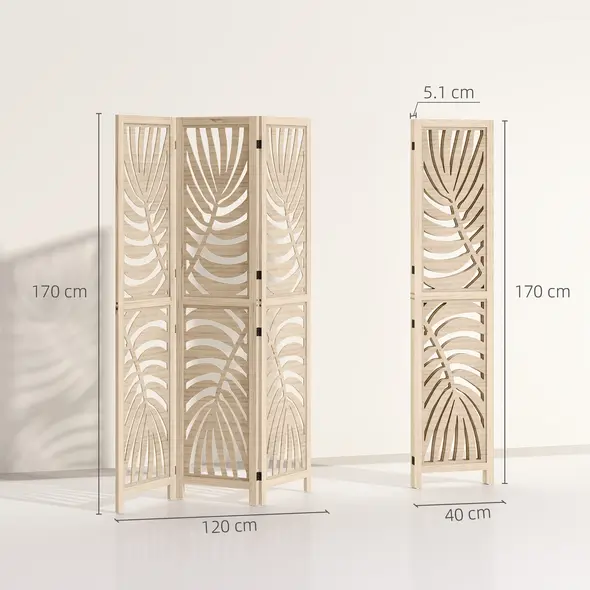 HOMCOM 3 Panel Room Divider, Detachable Folding Privacy Screens with Palm Leaf Design for Home Office, Natural Wood Finish - 3