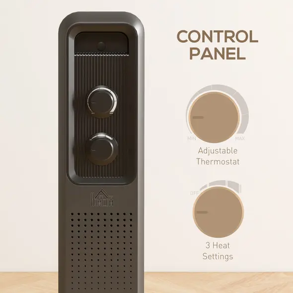 HOMCOM 2000W Oil Filled Radiator, 9 Fin, Portable Electric Heater with 3 Heat Settings, Safety Cut-Off and Wheels, Grey - 5