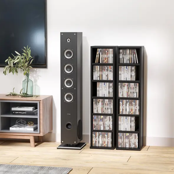 HOMCOM 204 CD Media Display Shelf Unit Set of 2 Blu-Ray Tower Rack w/ Adjustable Shelves Bookcase Storage Organiser, Black - 2