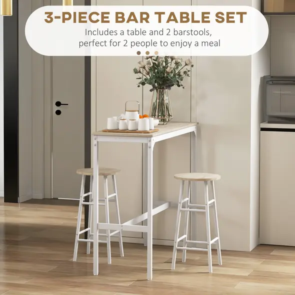 HOMCOM 3 Piece Bar Table Set with 2 Stools, Industrial Bar Table and Stool Set, Dining Table and Chair Set, Oak - 4