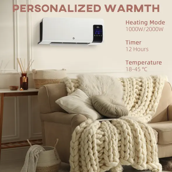 HOMCOM 2000W Wall-Mounted Heater, 18-45°C Temperature, White - 4
