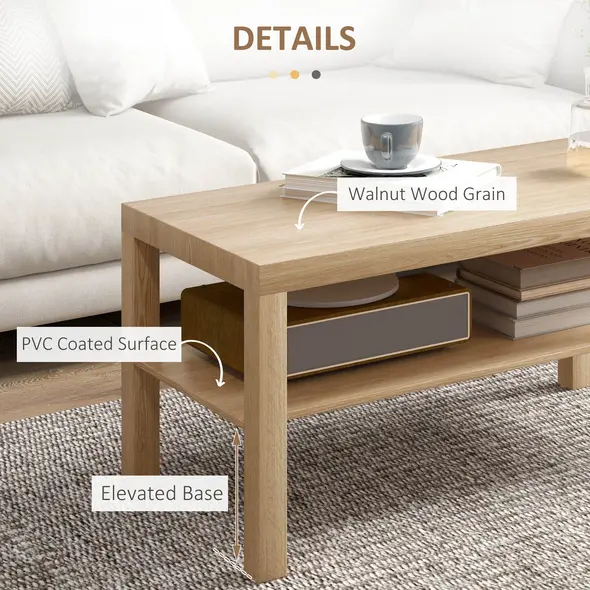 HOMCOM 2-Tier Coffee Table with Storage Shelf, Rectangular Centre Table for Living Room, Home Office, Natural Wood Finish - 6