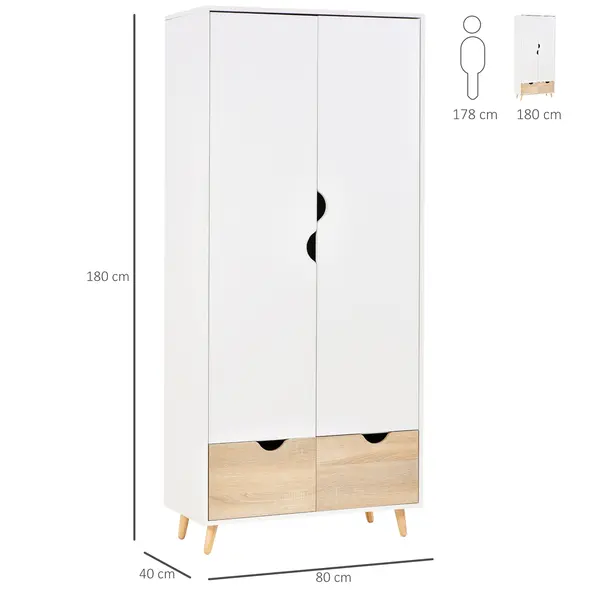 HOMCOM 2-Door Clothes Wardrobe w/ Rail Shelf 2 Drawers Wood Feet Elegant Home Storage Organisation Furniture Dresses Coats Blankets Shoes White - 3