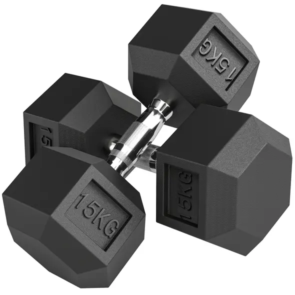 HOMCOM 2x15KG Rubber Hex Dumbbell Portable Hand Weights Dumbbell Home Gym - 1