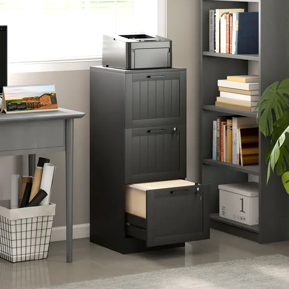HOMCOM 3 Drawer Filing Cabinet with Lock, Office Storage Cabinet with Adjustable Hanging Bars for A4 Letter Size Files, Black - 2