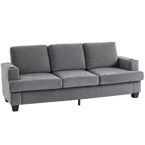 HOMCOM 3 Seater Sofa with USB Ports & Cup Holders - Grey - 1