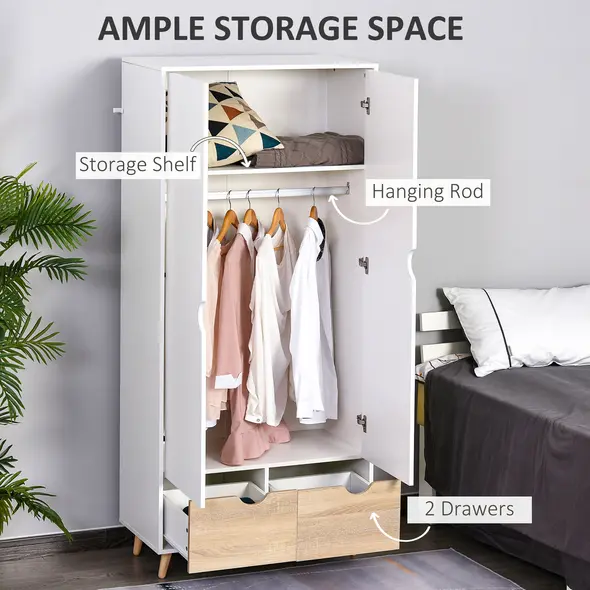HOMCOM 2-Door Clothes Wardrobe w/ Rail Shelf 2 Drawers Wood Feet Elegant Home Storage Organisation Furniture Dresses Coats Blankets Shoes White - 4