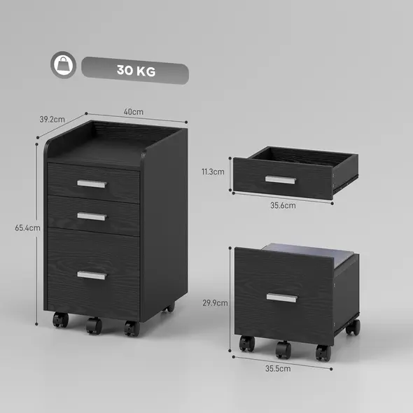 HOMCOM 3 Drawer Filing Cabinet, Rolling File Cabinet with Edged Top for Letter, A4 Size, Hanging File Folders, Black - 3