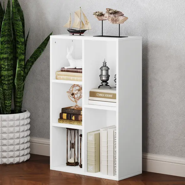 HOMCOM 2-Tier Bookshelf with 5 Compartments - White - 9