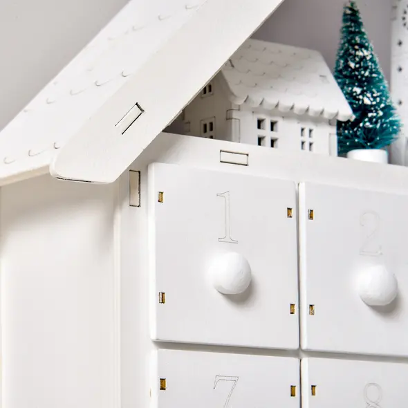 HOMCOM 24-Drawer Christmas Advent Calendar, Wooden Light-Up Traditional Decoration, Adults Kids Countdown Holiday House w/ Lights Handle White - 9