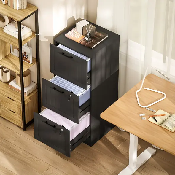 HOMCOM 3 Drawer Filing Cabinet with Lock, Office Storage Cabinet with Adjustable Hanging Bars for A4 Letter Size Files, Black - 8