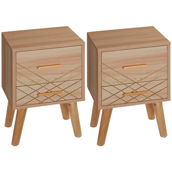 HOMCOM 2-Piece Scandinavian Bedside Tables with Drawers, Bedside Cabinets with Wood Legs, Natural - 1