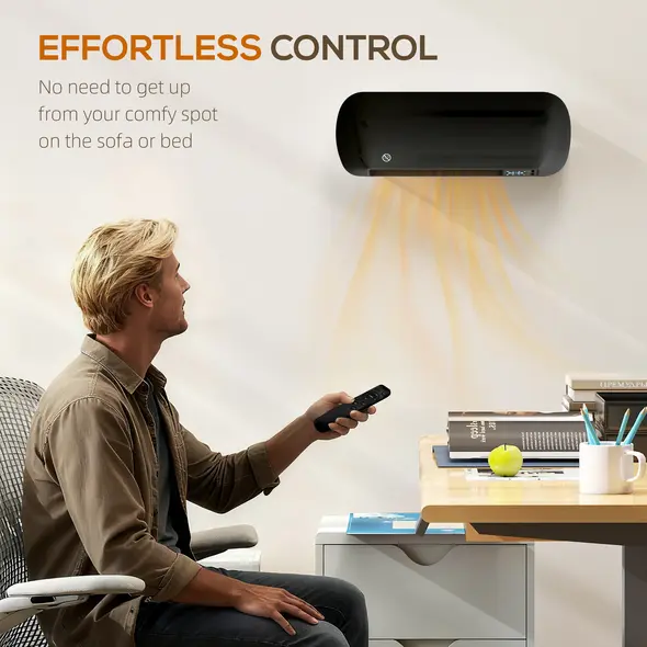 HOMCOM 2000W Ceramic Electric Heater with Fan, Adjustable Thermostat, Wall Mounted - Black - 8