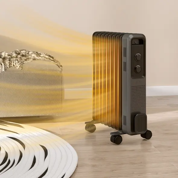 HOMCOM 2000W Oil Filled Radiator, 9 Fin, Portable Electric Heater with 3 Heat Settings, Safety Cut-Off and Wheels, Grey - 2