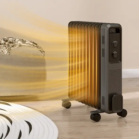 HOMCOM 2500W Oil Filled Radiator, 11 Fin, Portable Electric Heater with 3 Heat Settings, Safety Cut-Off and Wheels, Grey - 2