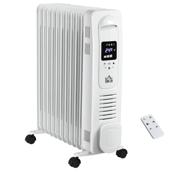 HOMCOM 2500W Digital Display Oil Filled Radiator, 11 Fin Portable Electric Heater with Timer, Adjustable Thermostat, Three Heat Settings, Safety Cut Off, Remote, White - 1