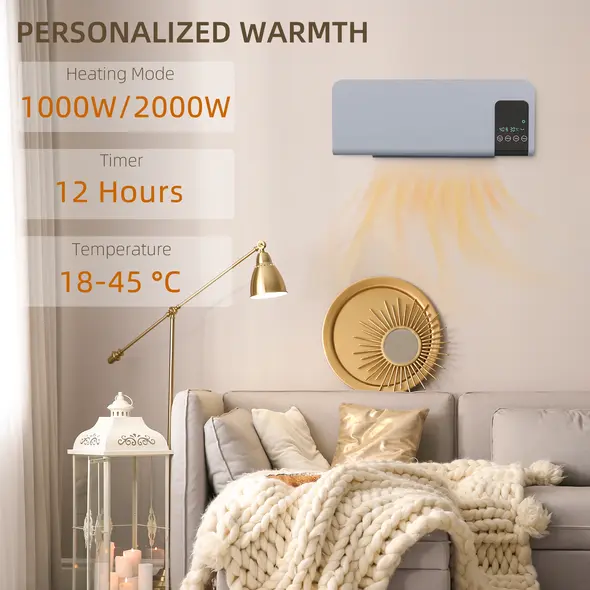 HOMCOM 2000W Wall Mounted Heater, 18-45°C Temperature, Grey - 4