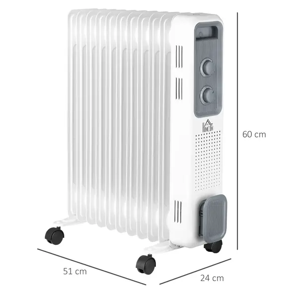HOMCOM 2500W Oil Filled Radiator, 11 Fin, Portable Electric Heater with 3 Heat Settings, Safety Cut-Off and Wheels, White - 3