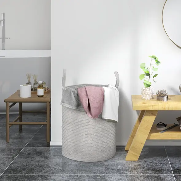 HOMCOM 36L Cotton Rope Laundry Basket, with Handles - Grey - 2