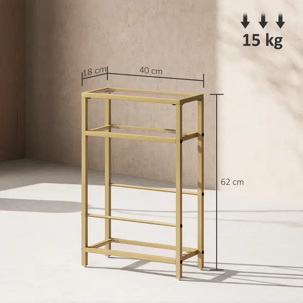 HOMCOM 3-Tier Side Table, Narrow End Table with Storage Shelf and Tempered Glass Tabletop for Small Spaces, Bedroom, Living Room, Entryway, Gold Tone - 3