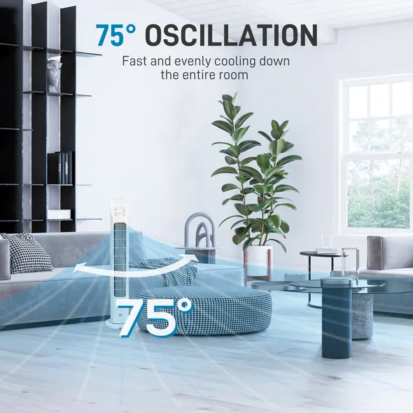 HOMCOM 31" Oscillating Tower Fan with Remote Control, 4H Timer, 3 Speed 3 Modes, Quiet Electric Floor Standing Fan for Home Bedroom Office, White - 5