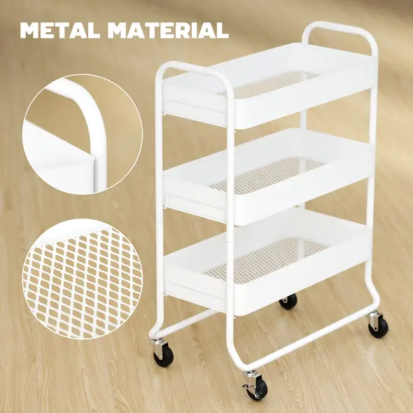 HOMCOM 3-Tier Storage Trolley on Wheels, Rolling Utility Cart with Mesh Backets for Kitchen, Bathroom, Bedroom, White - 6