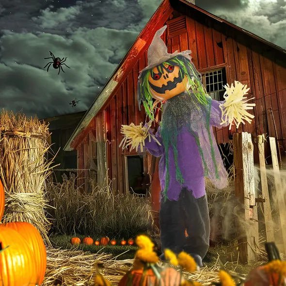HOMCOM 3'6" Pumpkin Scarecrow Halloween Animatronic, with Glowing Eyes - 8