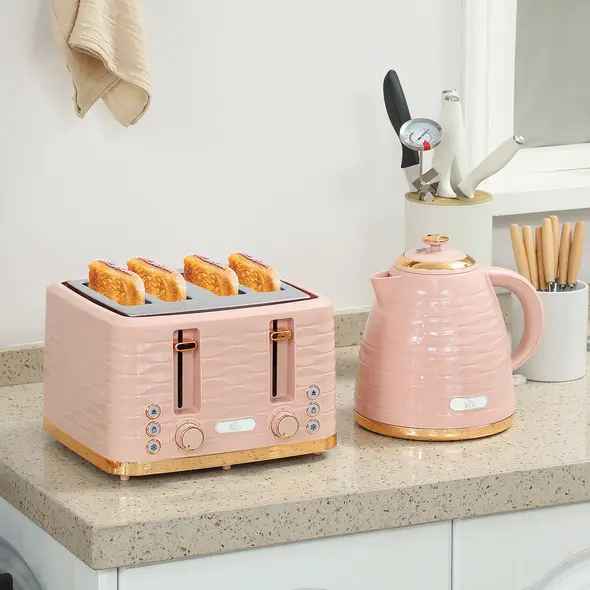 HOMCOM 3000W 1.7L Kettle & 4 Slice Toaster, Kettle and Toaster Set with 7 Browning Controls and Crumb Tray, Light Pink - 2