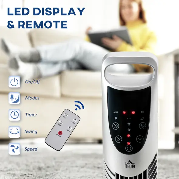 HOMCOM 36'' Freestanding Tower Fan, 3 Speed 3 Mode, 7.5h Timer, 70 Degree Oscillation, LED Panel, 5M Remote Controller, Silver - 4