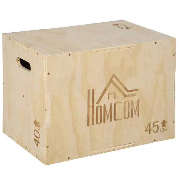 HOMCOM 3-in-1 Wooden Plyo Box, Plyometric Jump Box with Handle Openings for Home Gym, Workout Training, 45 x 40 x 60 cm, Natural - 1