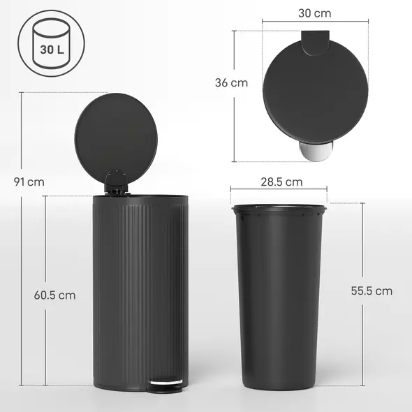 HOMCOM 30 Litre Pedal Kitchen Bin with Soft Close and Stay Open Lid, Rubbish Bin with Removable Inner Bucket for Kitchen, Office, Home, Black - 3