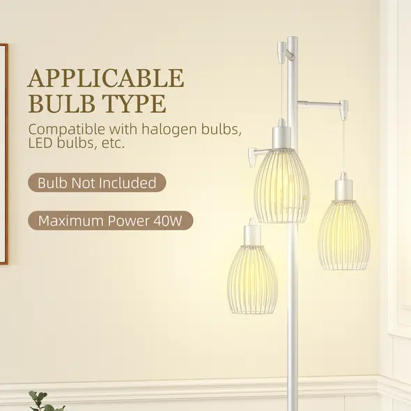 HOMCOM 3-Light Floor Lamp, 170cm Industrial Dimmable Standing Lamp with Steel Wire Cage Lampshades for Living Room, Bedroom, Dining Room, Study, Bulb Not Included, Silver Tone - 7