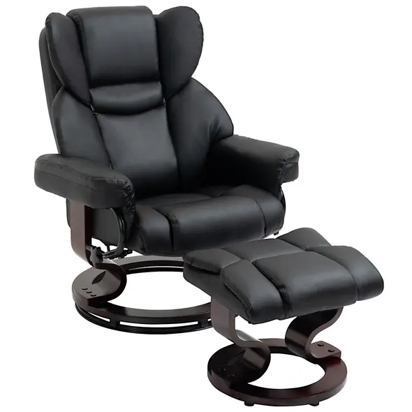 HOMCOM 360° Swivel Recliner Chair with Footstool, PU Leather Manual Recliner Armchair with Footstool, Solid Wood Base, Upholstered Reclining Chair for Living Room, Bedroom, Office, Black - 1