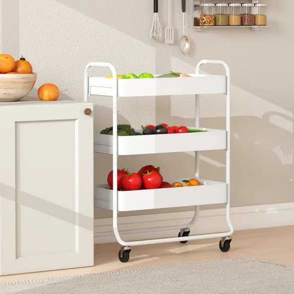 HOMCOM 3-Tier Storage Trolley on Wheels, Rolling Utility Cart with Mesh Backets for Kitchen, Bathroom, Bedroom, White - 7