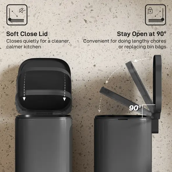 HOMCOM 30L Kitchen Bin, Compact Pedal Bin with Soft-Close and Stay-Open Lid, Removable Bucket for Kitchen, Home, Office, Black - 5