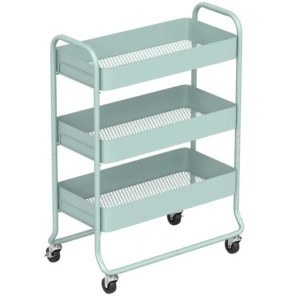 HOMCOM 3-Tier Storage Trolley on Wheels, Rolling Utility Cart with Mesh Backets for Kitchen, Bathroom, Bedroom, Light Green - 1